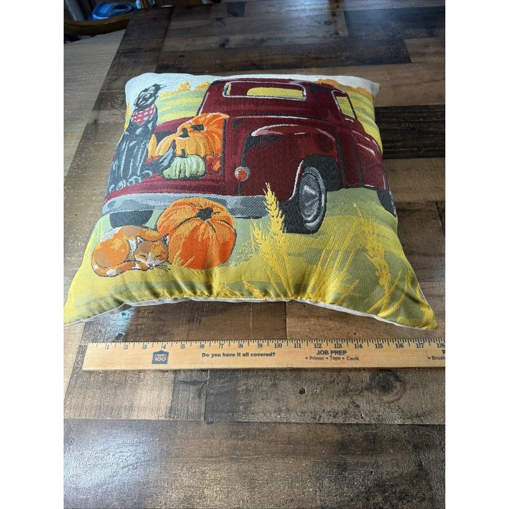 Fall Tapestry Throw Pillow 17x17 Autumn Harvest Red Truck Pumpkins Black Dog Cat